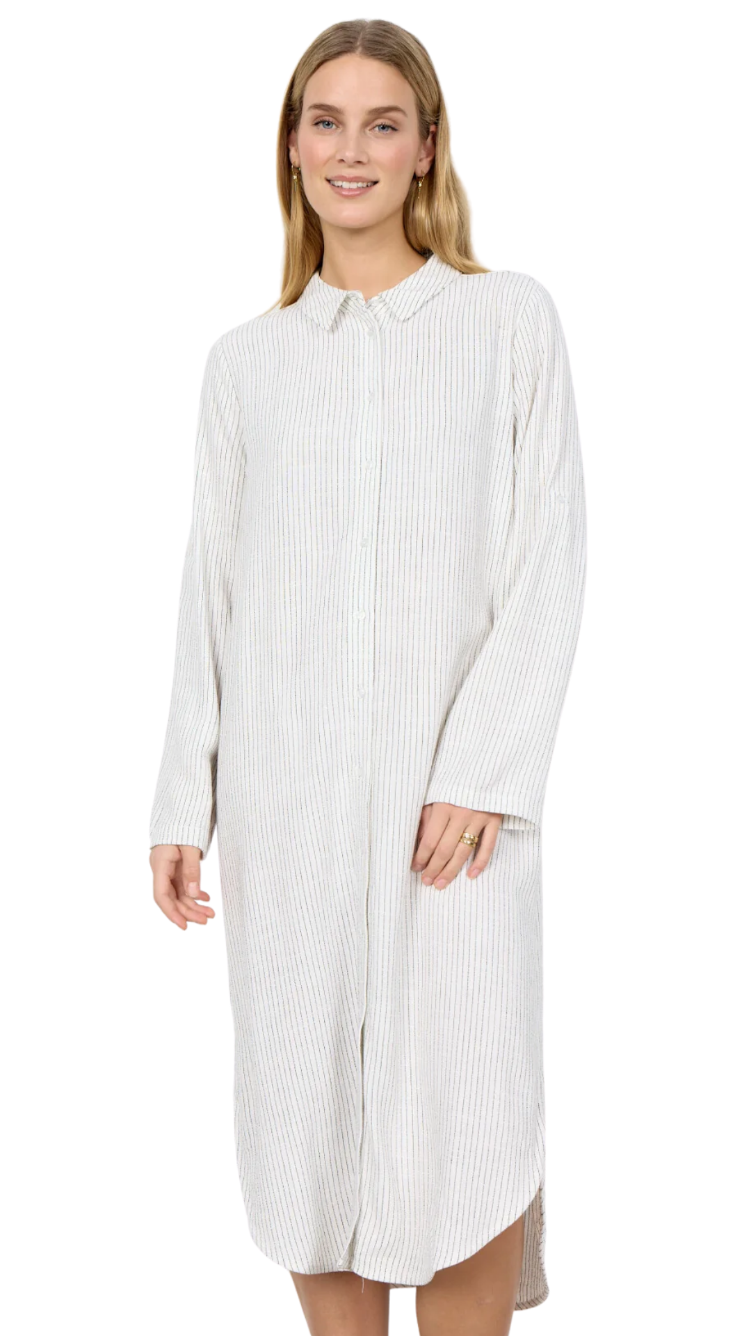Vertical Stripes Button Front Shirt Style Midi Dress. Style SOYA41588