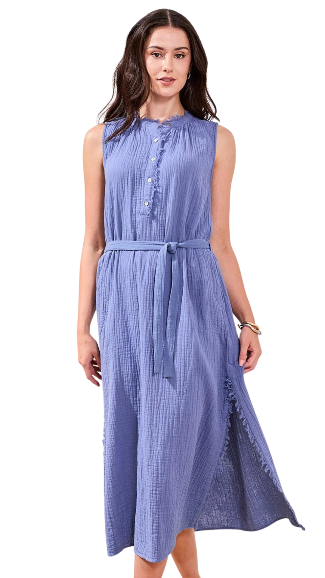 Crinkle Gauze Button-Front Belted Midi Dress. Style TR6056O-4555