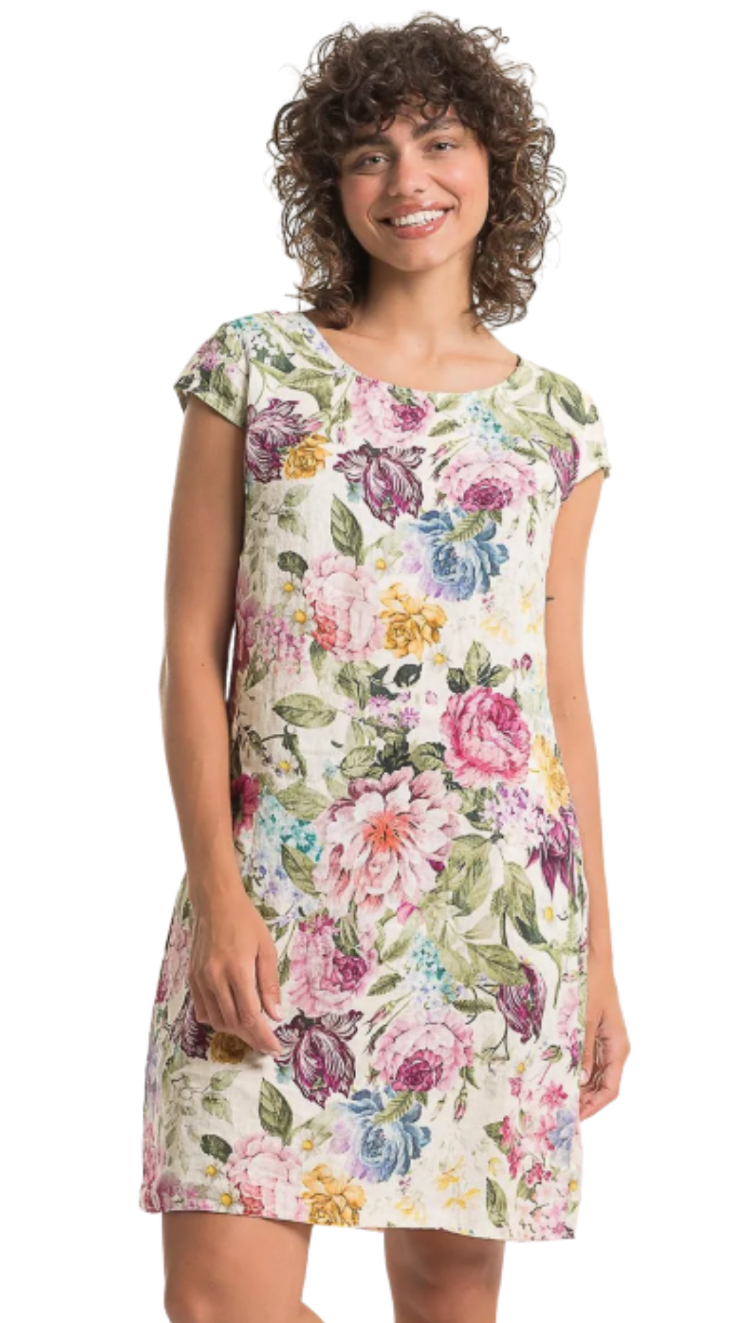 Boat Neck Cap Sleeve Floral Print Straight Linen Dress. Style LLTP1764P