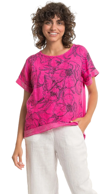 Drop Short Sleeve Sequin Trim Floral Print Top. Style LLTP1783P