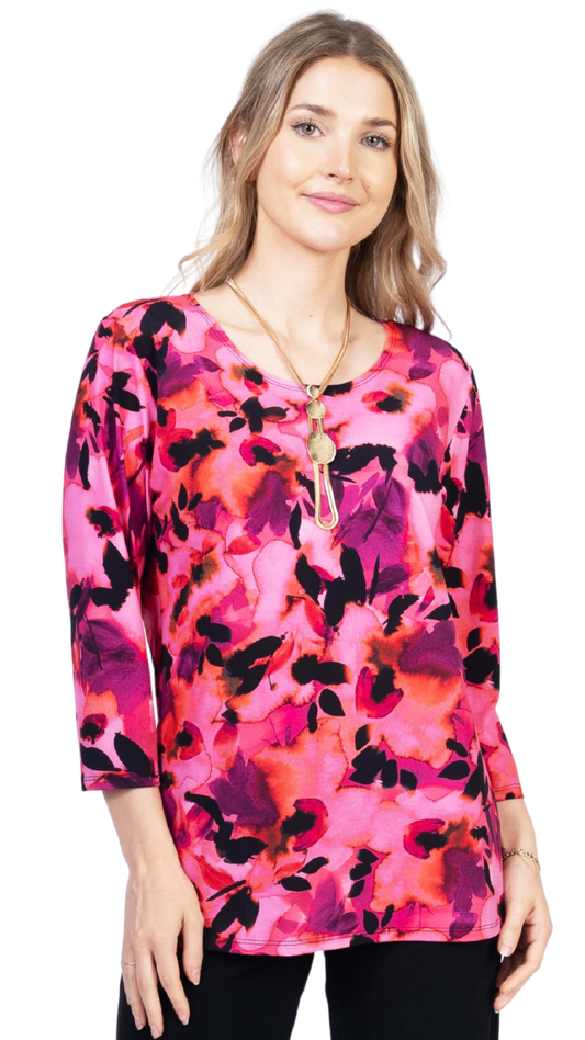 Petite Printed 3/4 Sleeve Round Neck Top. Style JDA3389L-P20