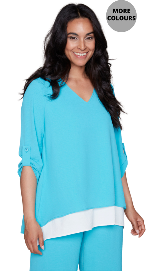 V-Neck 3/4 Roll-Up Sleeve Layered Hem Top. Style CK33927