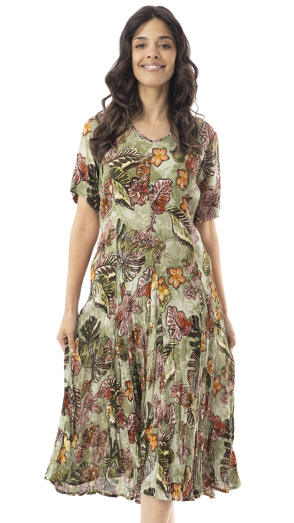 Fit & Flare Back Tie Short Sleeve Tropical Print Dress. Style ORI20-109