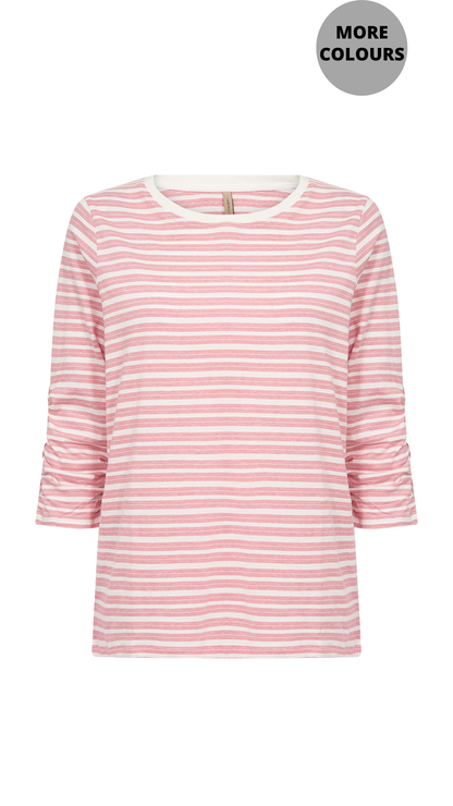 Cotton Lightweight Stripes 3/4 Ruched Sleeves Top. Style SOYA27501