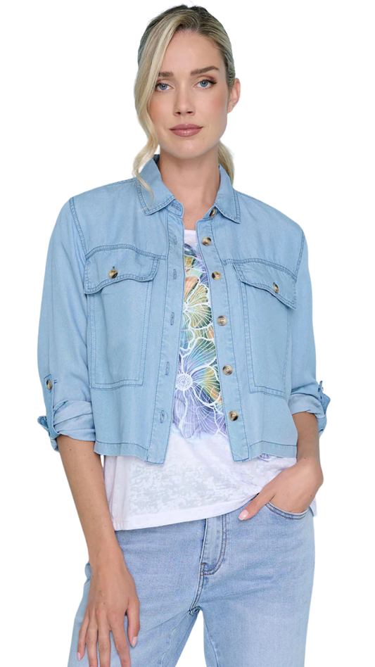 Lightweight & Soft Light Wash Denim Look Cropped Jacket. Style PYZM403