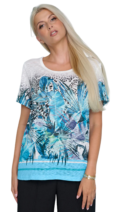 Printed Round Neck Short Sleeve Stretch Top. Style PYZC279AN