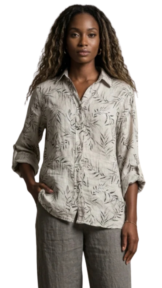 Button Front Hip Length Leaf Print Blouse. Style LLTP1728P