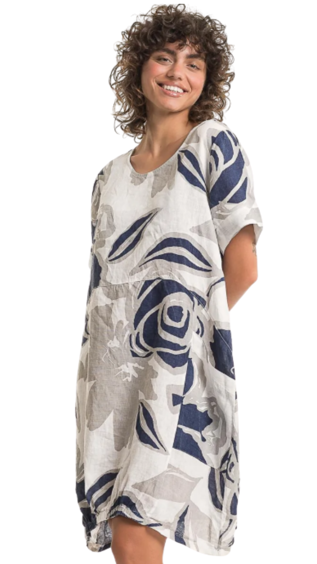 Balloon Silhouette Elastic Hem Short Sleeve Linen Dress. Style LLTP1778P