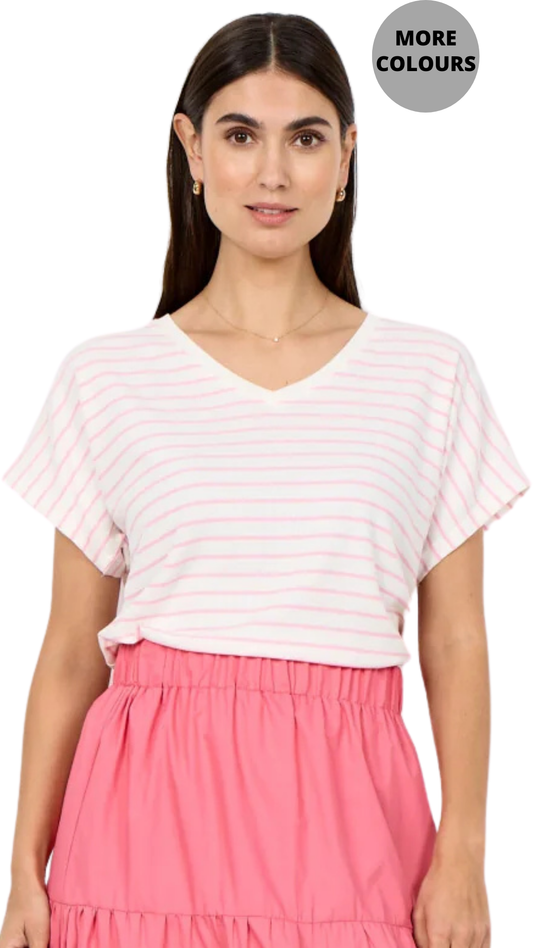 Striped Ribbed V-Neck Short Sleeve Top. Style SOYA27514