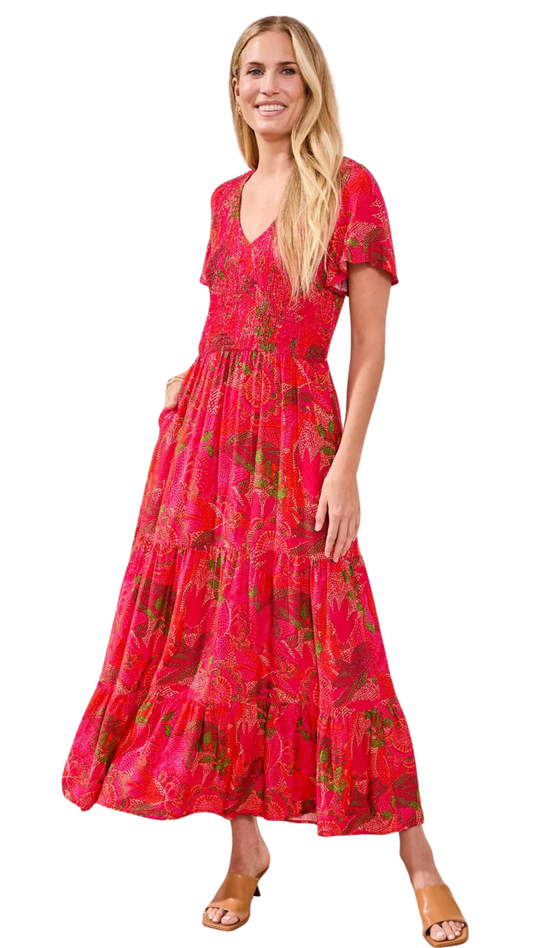 Ruched-Top Short Sleeve Maxi Dress. Style TR2226O-3880