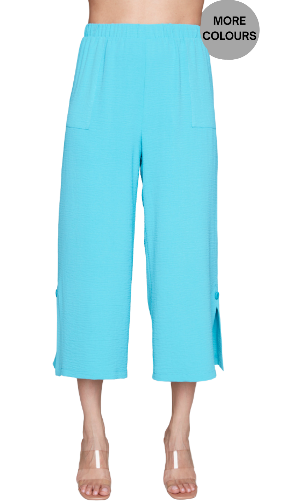 Pull-On Large Side Slit & Button Detail Flowy Leg Cropped Pant. Style CK36002