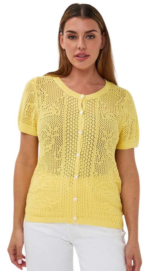 Short Sleeve Crochet Knit Yellow Cardigan. Style ESQ2618205