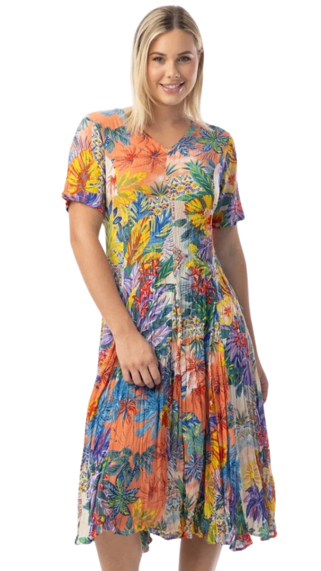 Fit & Flare Back Tie Short Sleeve "Aruba" Print Dress. Style ORI91-265
