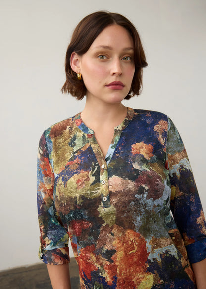 Henley 3/4 Sleeve Abstract Print Top. Style FD3571451