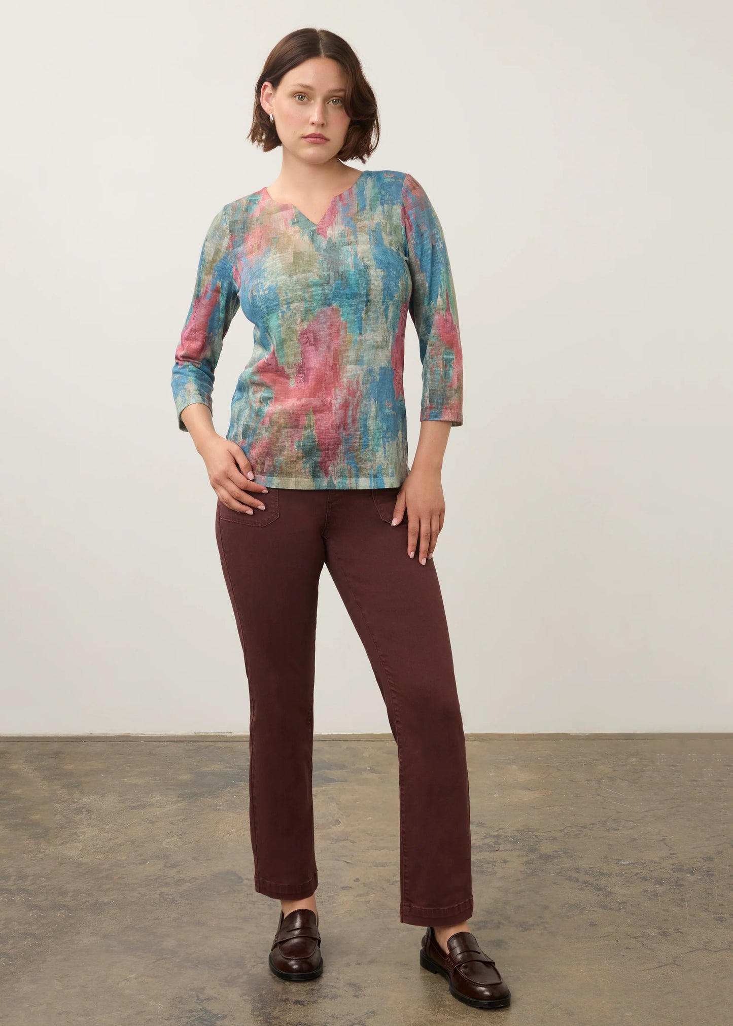 Notch Neck 3/4 Sleeve Abstract Print Top. Style FD3342451