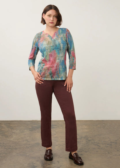 Notch Neck 3/4 Sleeve Abstract Print Top. Style FD3342451
