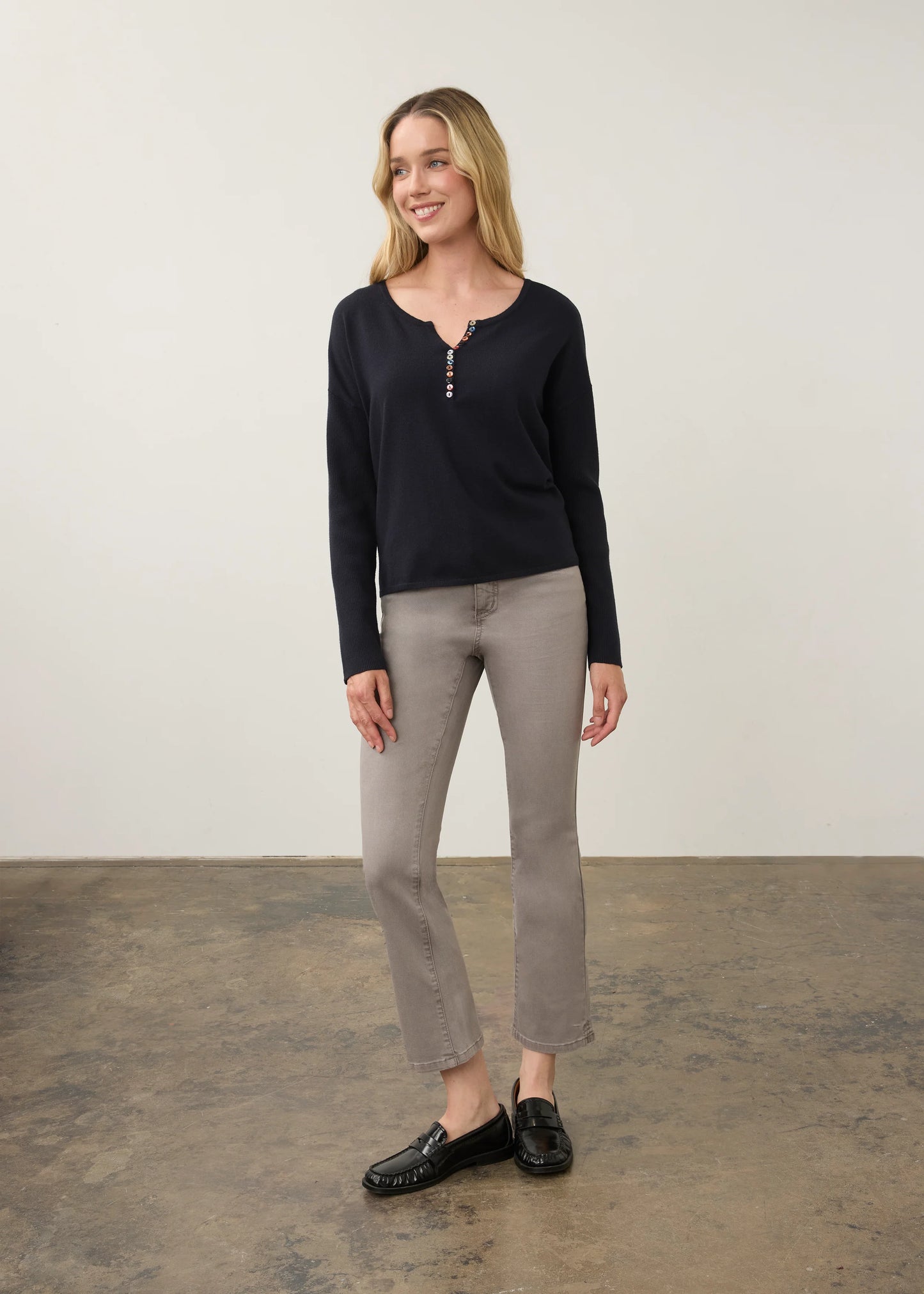 Notch Neck Statement Buttons Ribbed Sleeve Sweater. Style FD1056212