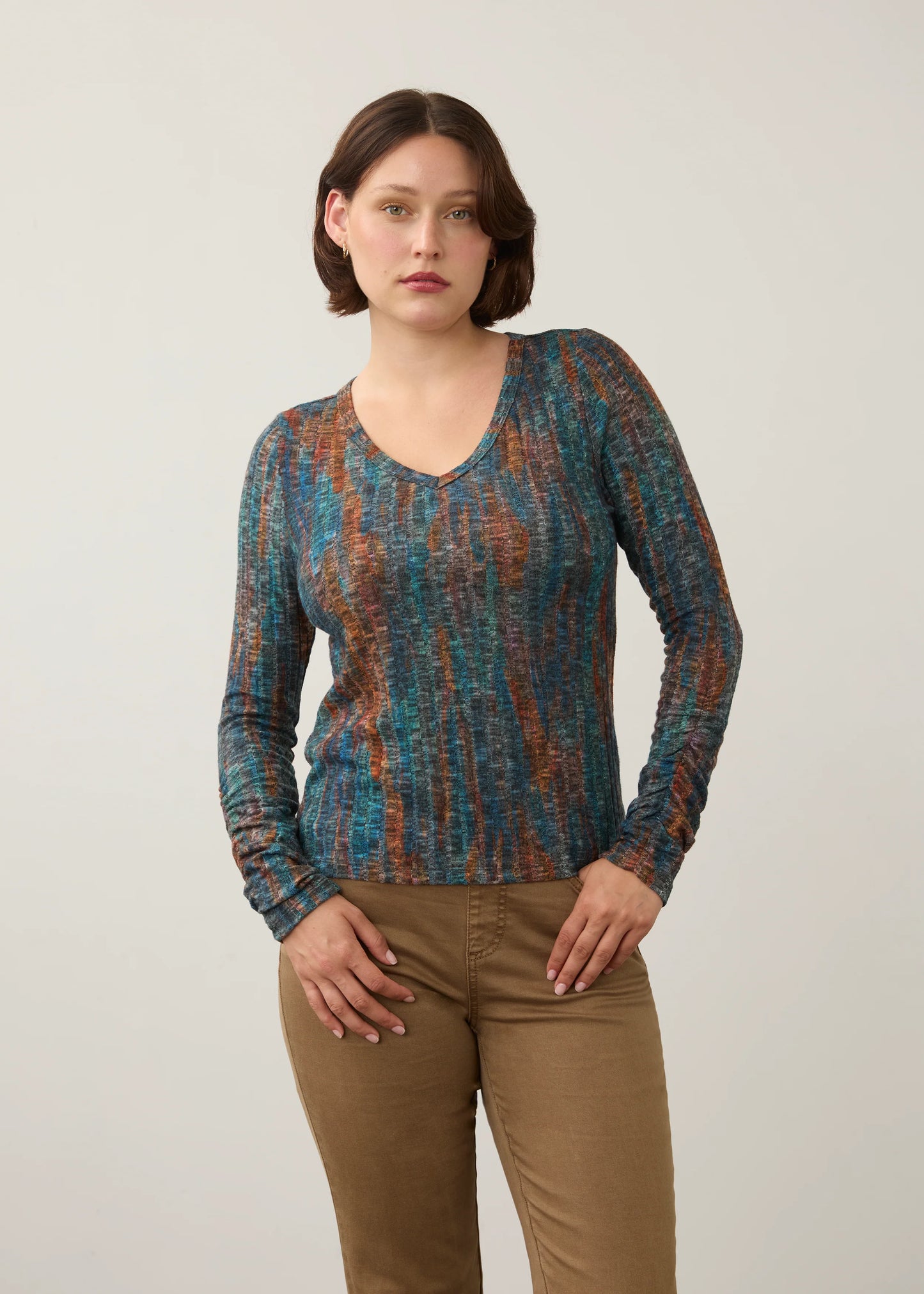 Long Sleeve Abstract Print Ribbed Knit Top. Style FD3262508