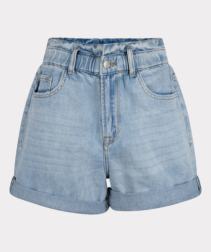 Paperbag Rolled Cuff Jean Shorts. Style ESQHS2312202