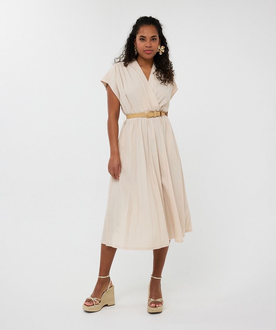 Crossover Elastic Waist Belted Midi Dress. Style ESQHS2505203
