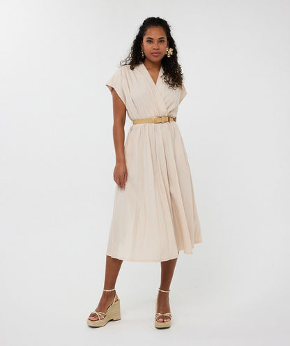 Crossover Elastic Waist Belted Midi Dress. Style ESQHS2505203