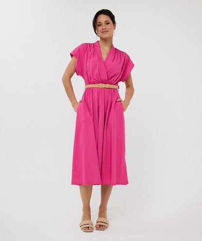 Crossover Elastic Waist Belted Midi Dress. Style ESQHS2505203