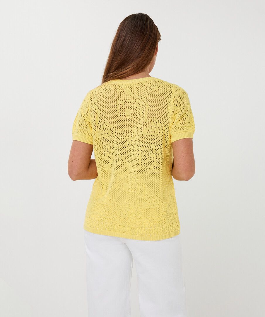 Short Sleeve Crochet Knit Yellow Cardigan. Style ESQ2618205