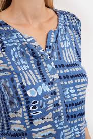 Notch Neck Elastic Hem Blue Abstract Print Top. Style BTX219239