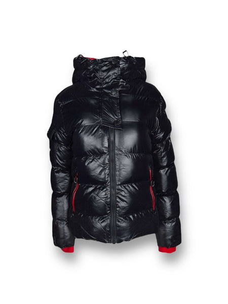 Red Accent Shiny Black Short Puffer Outerwear. Style OX30-1285