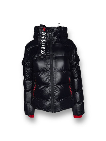 Red Accent Shiny Black Short Puffer Outerwear. Style OX30-1285