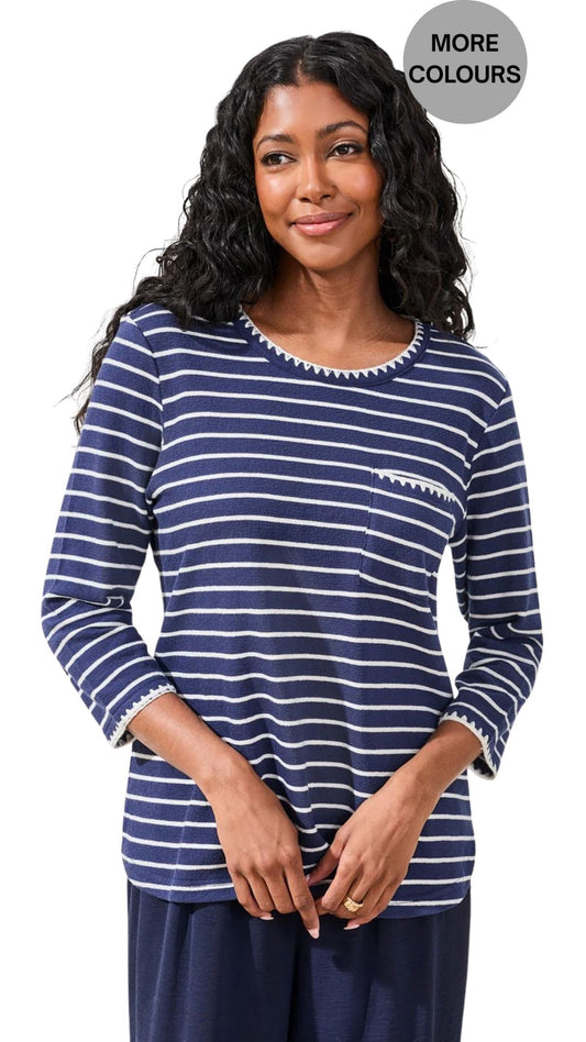 Striped Patch Pocket Stitch Details Top. Style TR2433O-8420