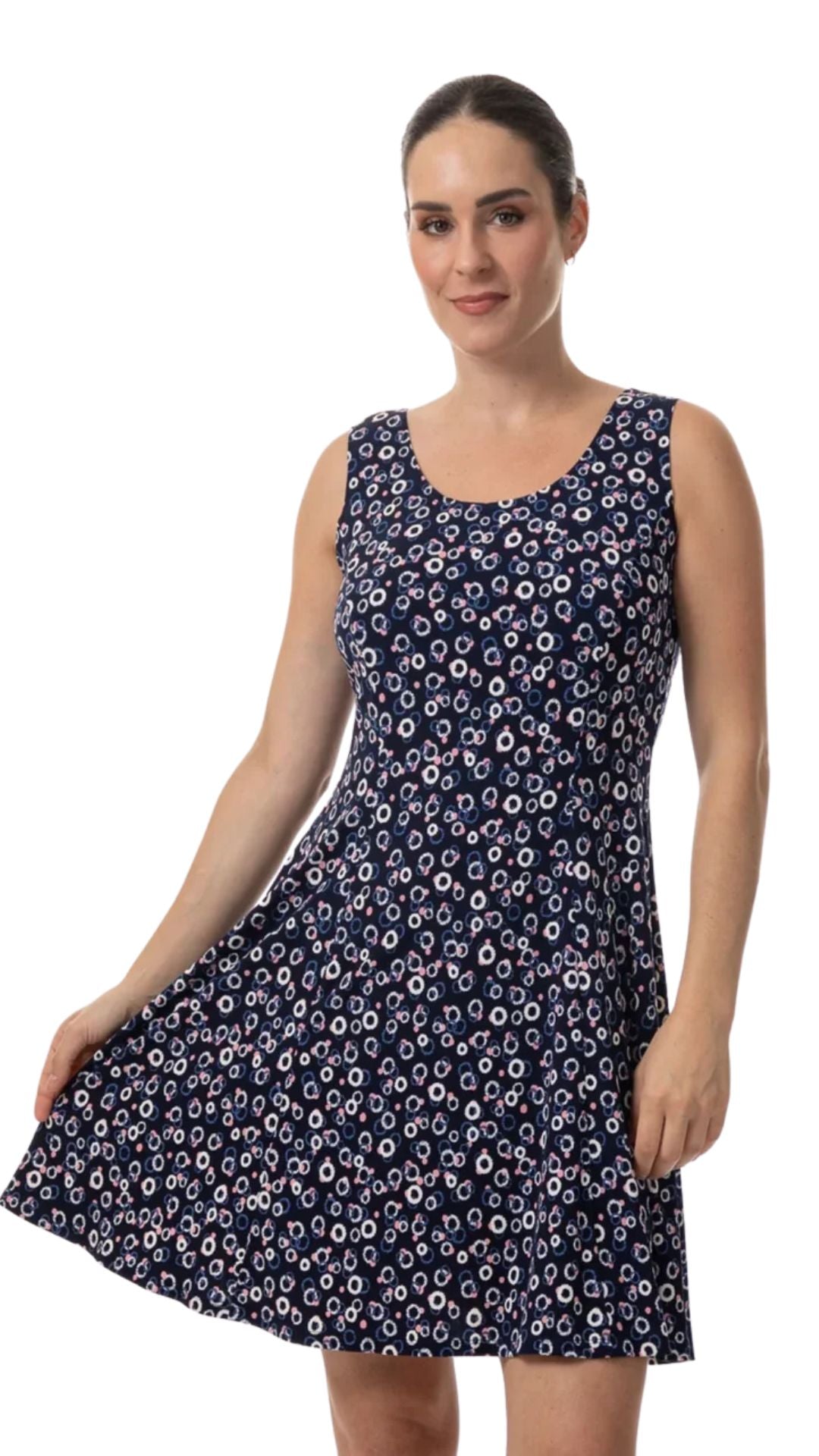 Sleeveless Navy & Pink Dot Pattern Dress. Style BALI8560