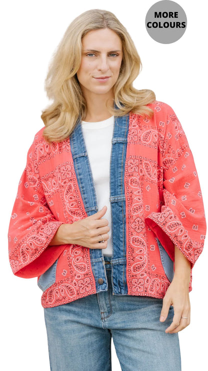 Bandana Print Denim Trim Cardigan. Style SHNP5755