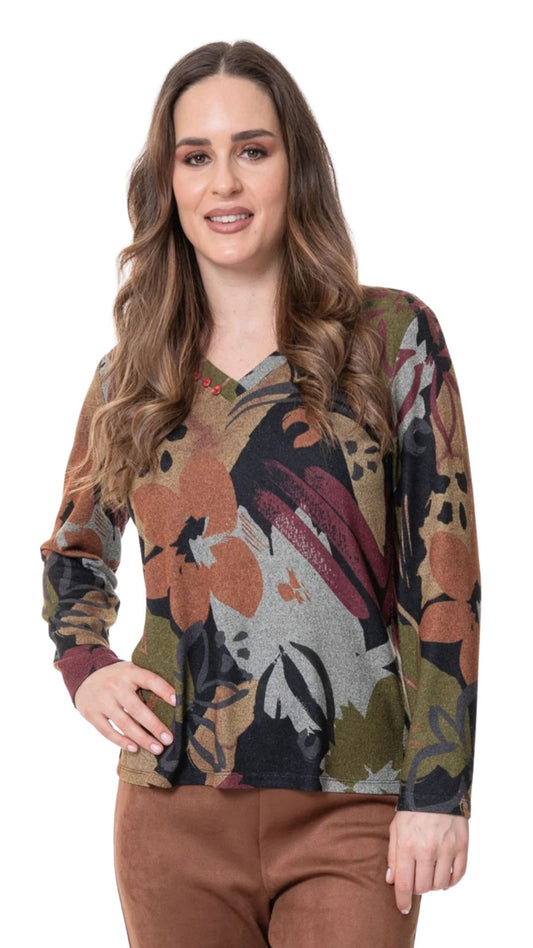 Abstract Print V-Neck Long Sleeve Top. Style BALI8728