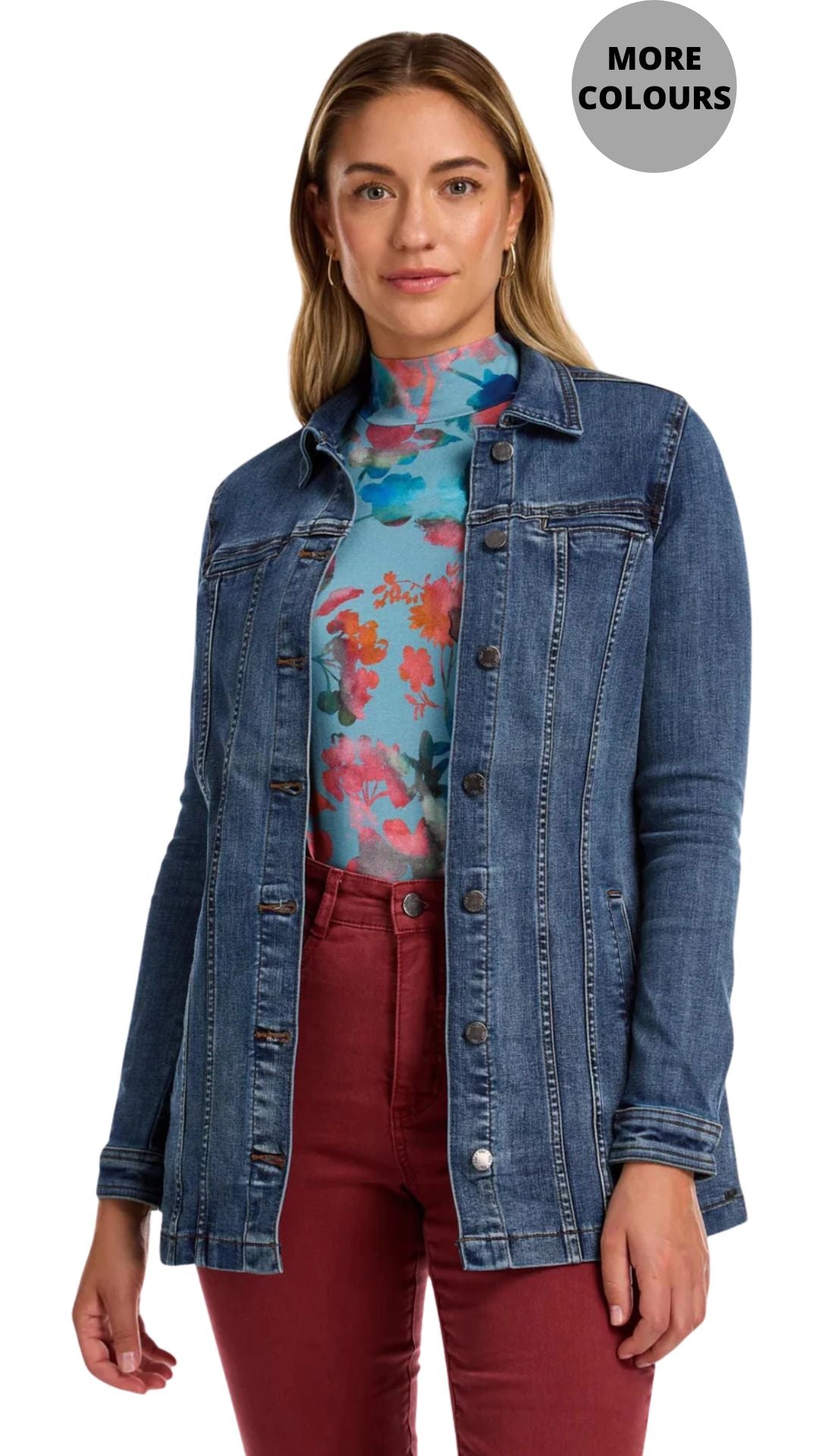 Long Stretch Denim Button Front Jacket. Style FD1825669