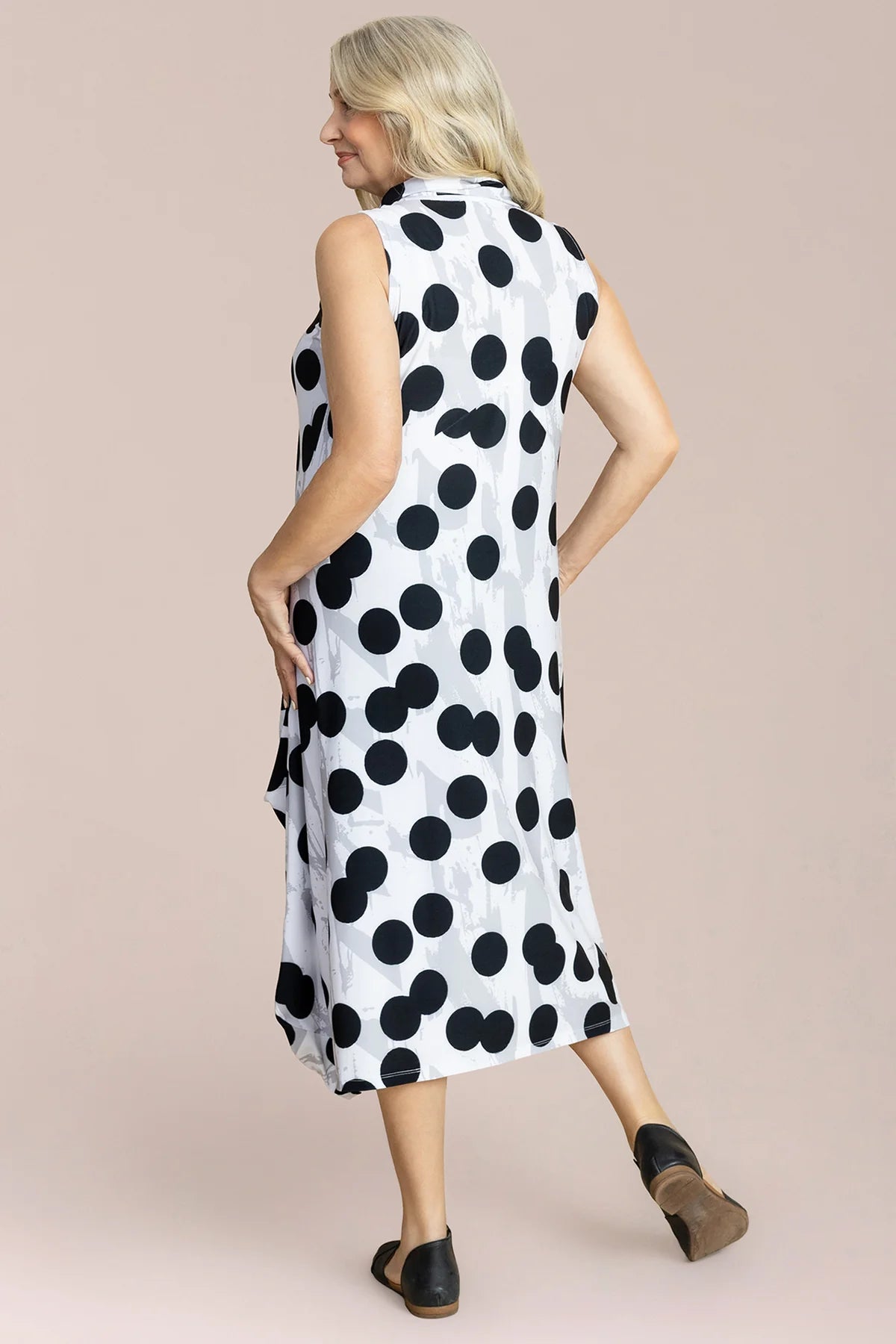 Nu Sleeveless Cowl Neck Polka Dot Print Dress. Style SI28224P