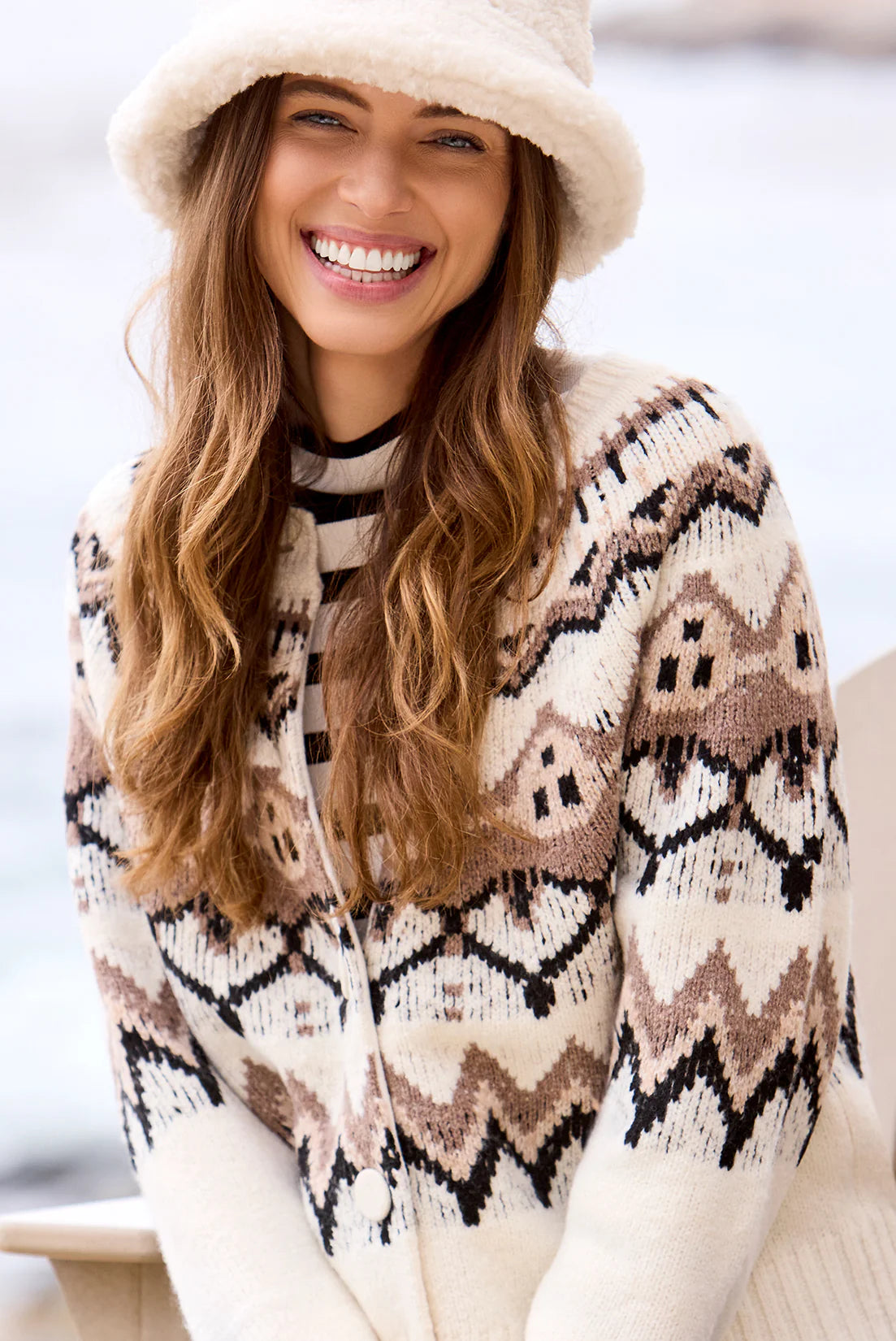 Fair Isle Pattern Button Front Knit Cardigan. Style TR2312O-3814
