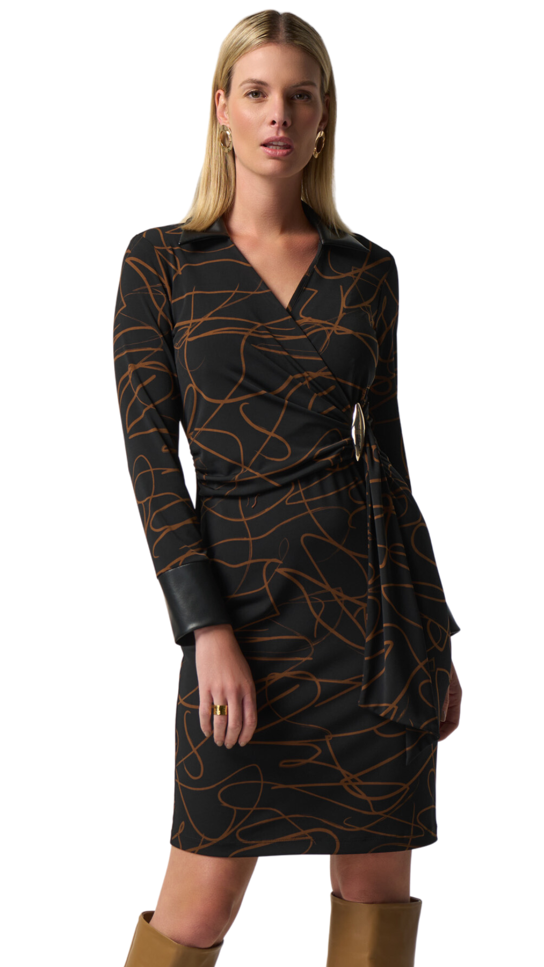 Abstract Print Wrap with Vegan Leather Dress. Style JR233223