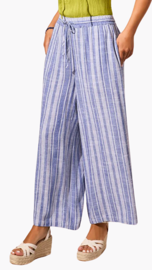 Linen Blend Striped Flowy Cropped Pant. Style TR7704O-4400