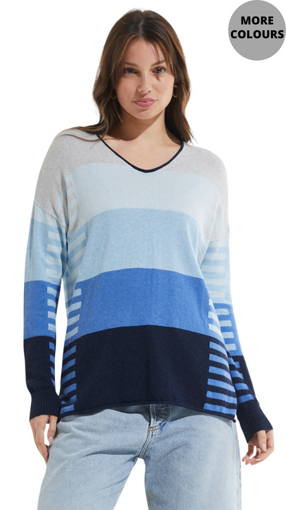 Varied Stripe Lightweight V-Neck Sweater. Style ZKP7404U