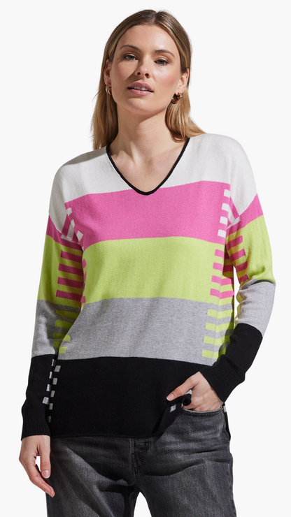 Varied Stripe Lightweight V-Neck Sweater. Style ZKP7404U