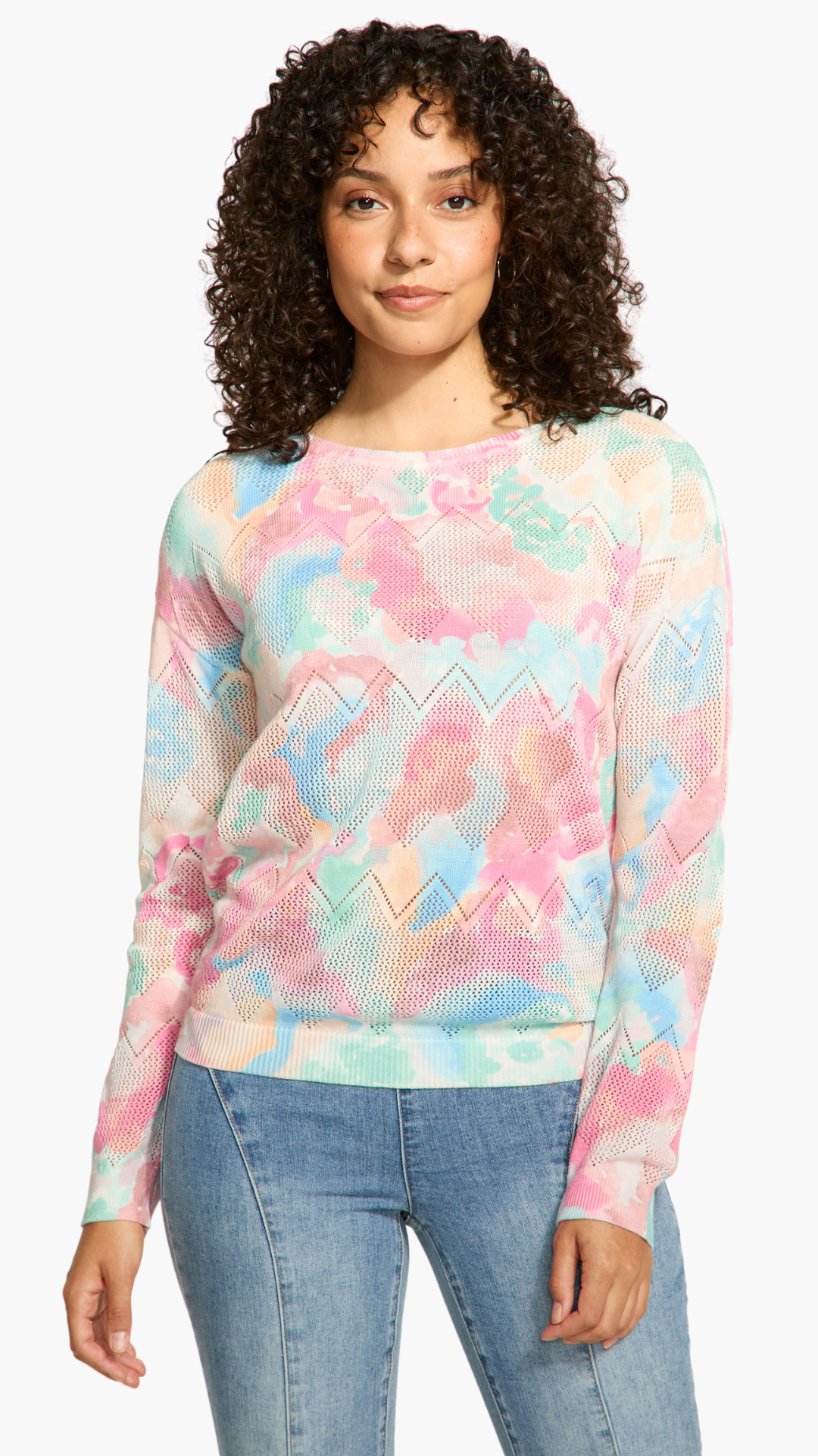 Pointelle Knit Printed Sweater. Style FD1337624