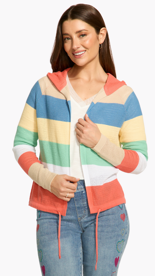 Pointelle Knit Striped Hooded Cardigan. Style FD1631314