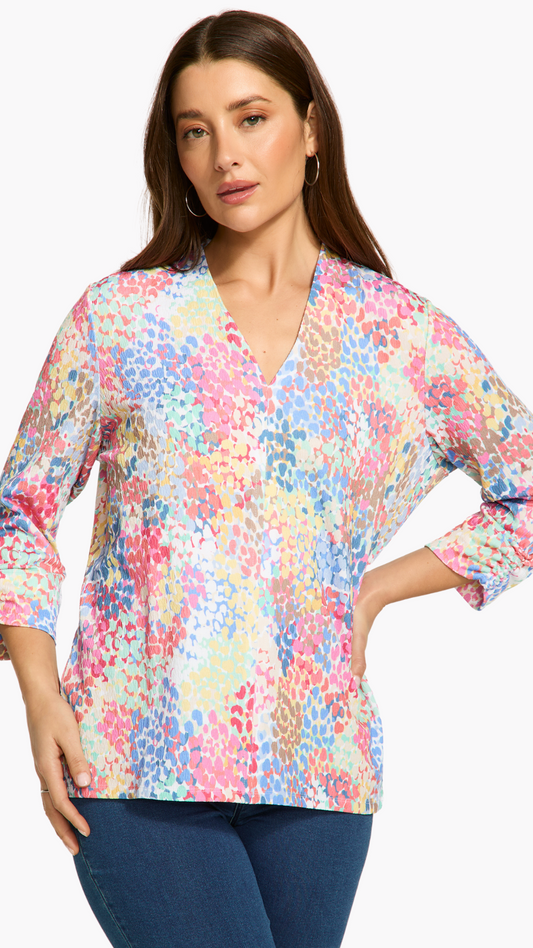 V-Neck Printed Gathered Cuff Top. Style FD3890451