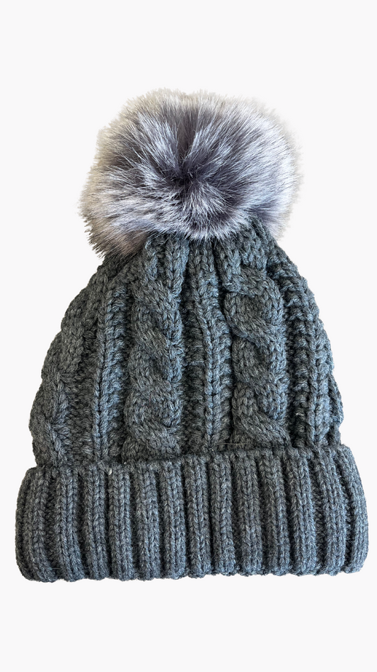 Grey Cable Knit Toque with Fleece Lining. Style ELWKAYLA8-DGY