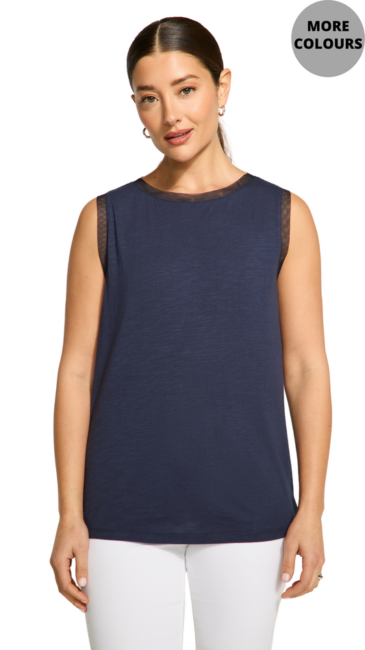 Mesh Trim Sleeveless Top. Style FD3148476