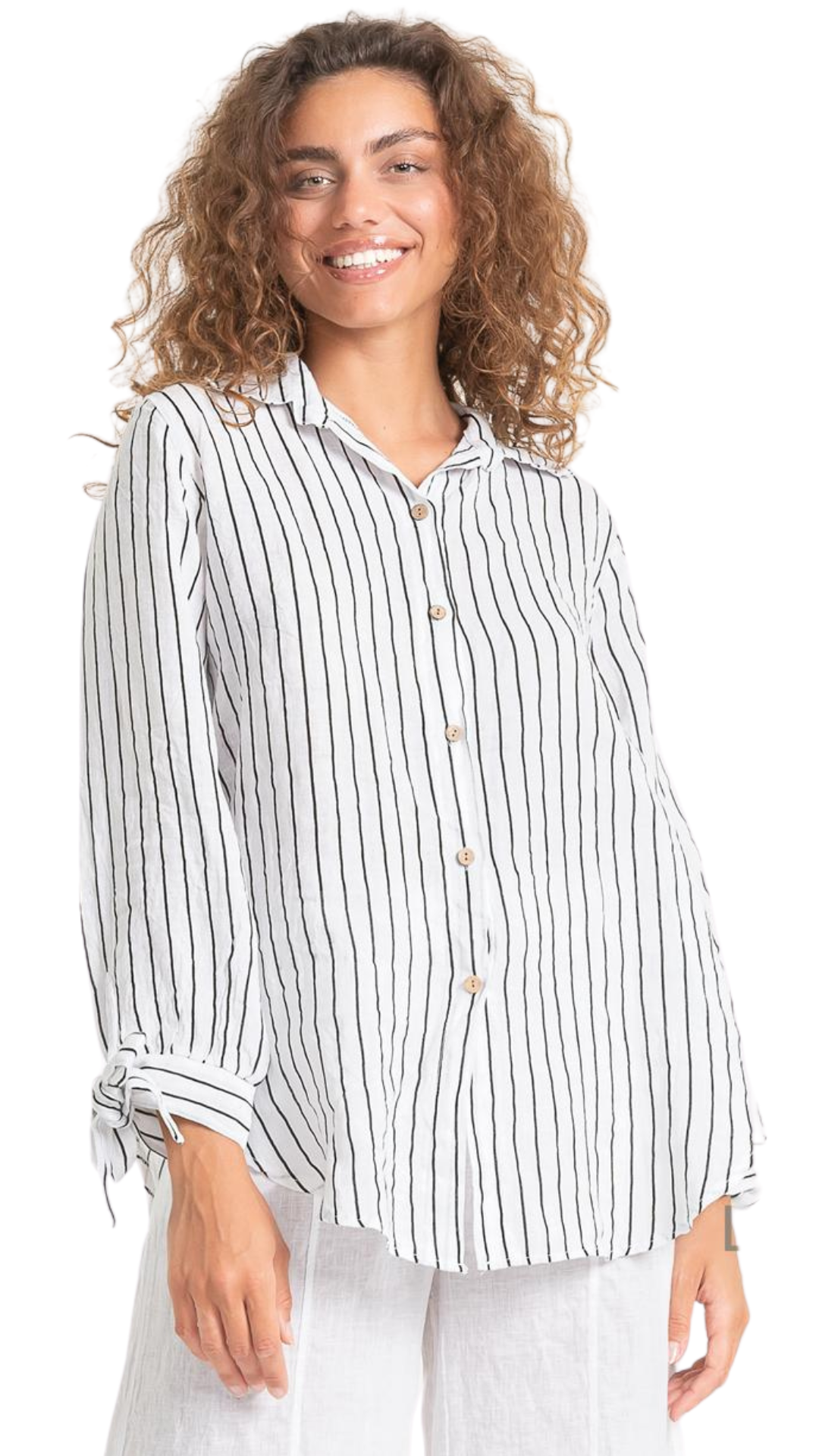 Tie Cuffs Striped Linen Top. Style LL1600
