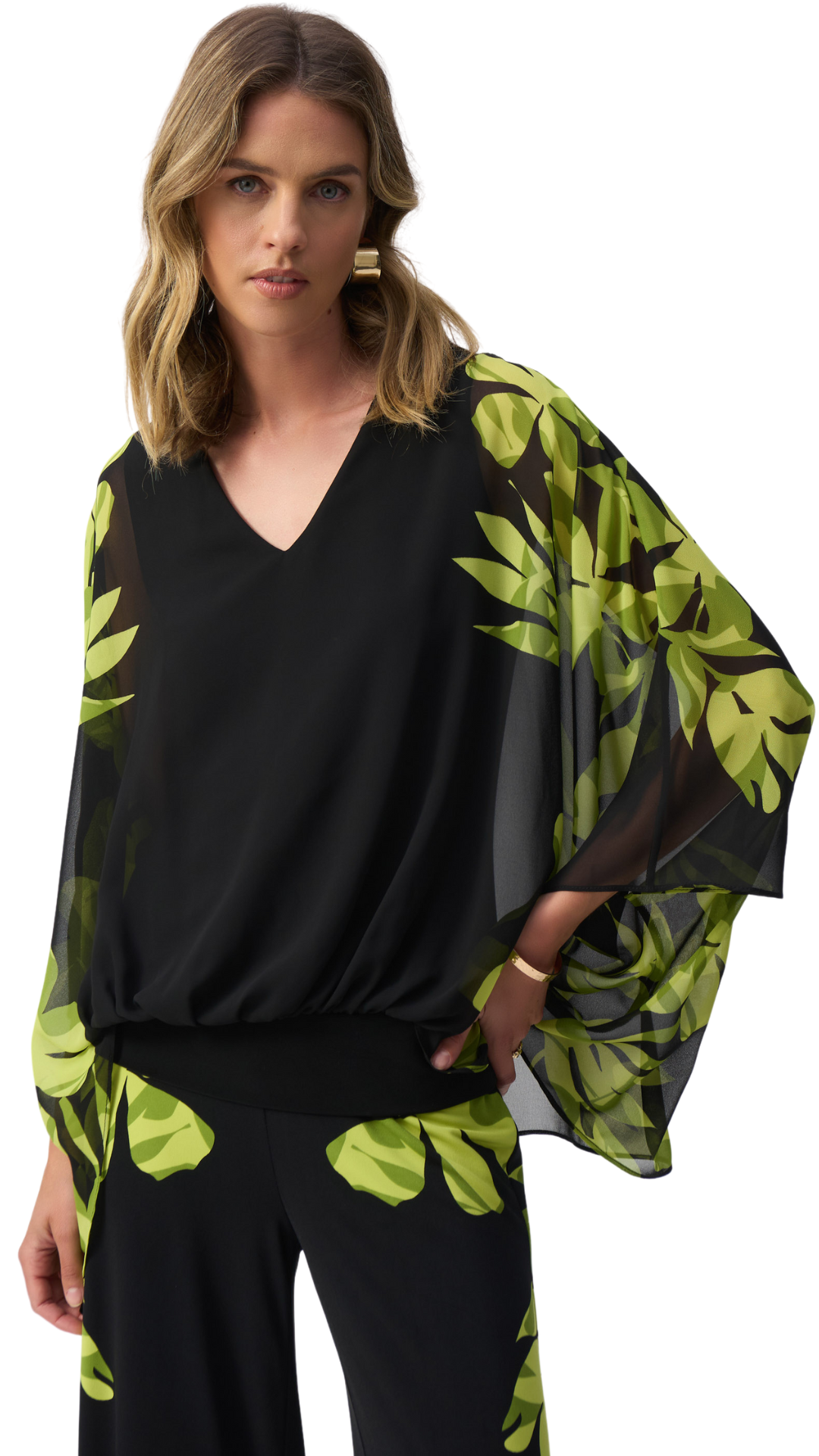 Chiffon and Silky Knit Floral Poncho Top. Style JR251147