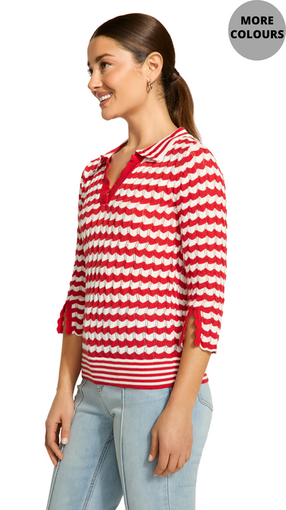 Pointelle Zig Zag Knit Collared Sweater. Style FD1456314