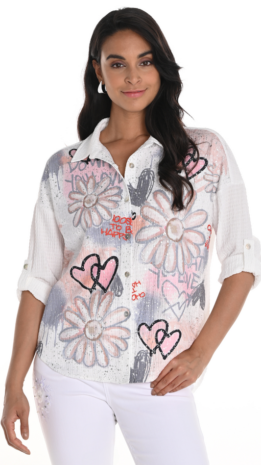 Textured Heart & Flower Print Blouse. Style FL256787U